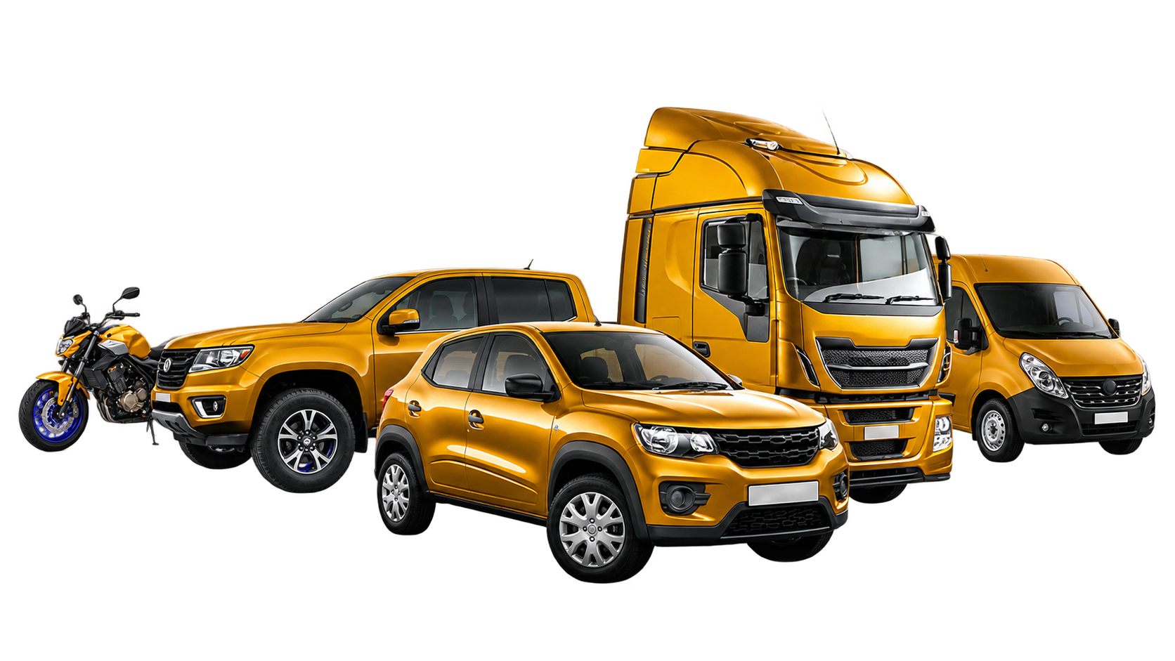 Composição ilustrativa com moto, picape, carro, caminhão e van em amarelo